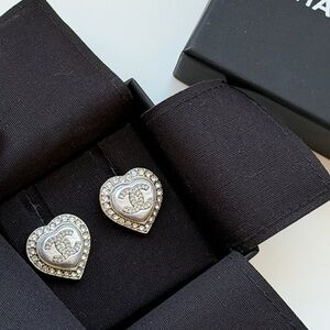 CHANEL Silver Heart Crystal Earrings